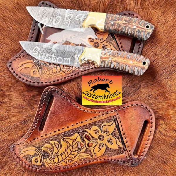 Custom Handmade Damascus Steel Cowboy Skinner Knives Set